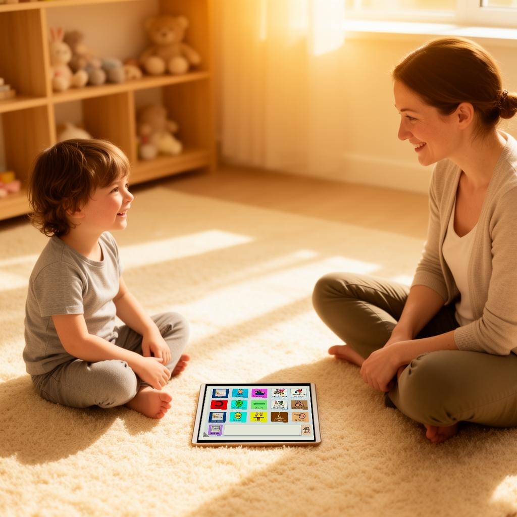 A young child sits cross-legged on a sunlit carpet facing a smiling adult sitting opposite them, with a tablet running a colourful AAC symbol board on the floor between the two of them, the kind of augmentative communication many children with Cri Du Chat rely on to express themselves.