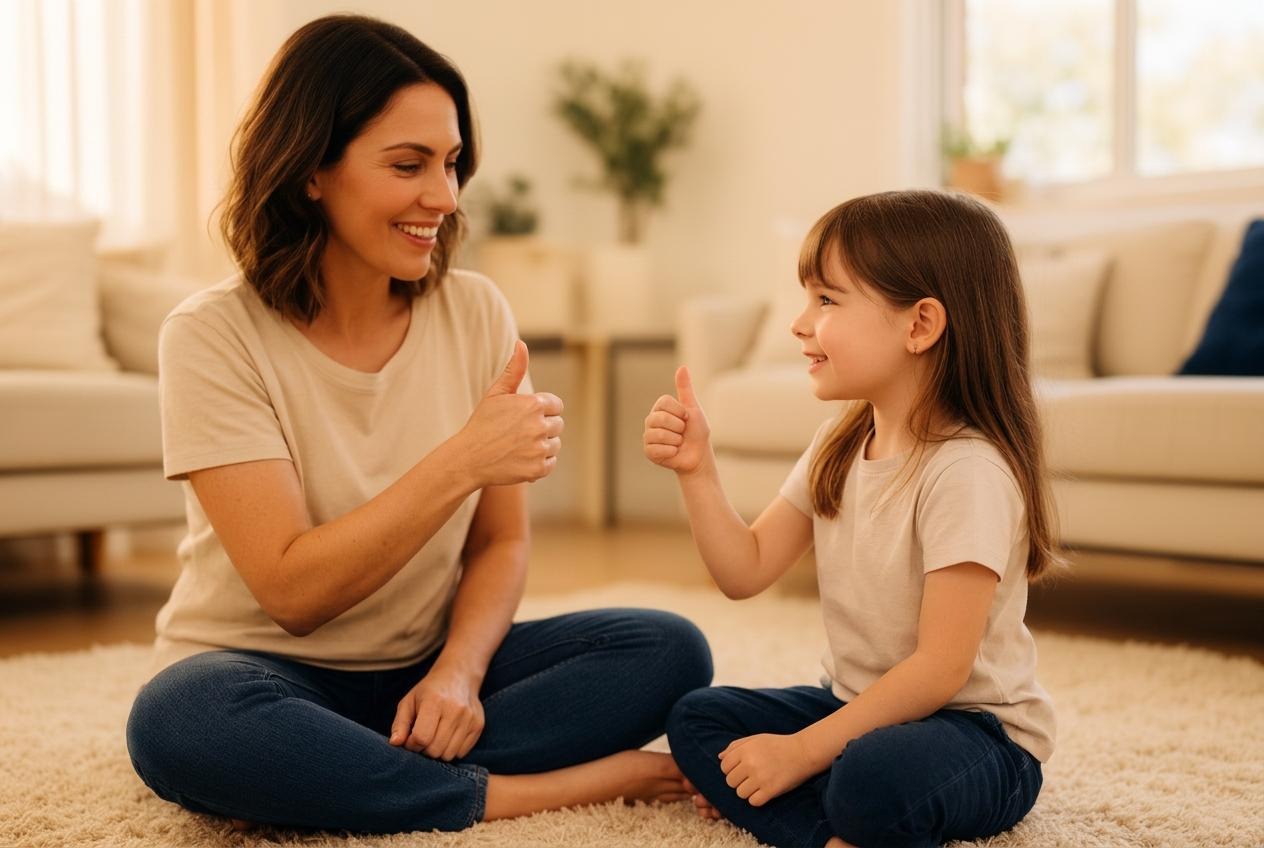 A smiling mother and her young daughter, both in beige t-shirts and blue jeans, sit cross-legged facing each other on a plush rug in a softly lit living room with cream sofas and potted plants, each giving the other a thumbs up, a simple shared gesture of the kind of non-verbal communication AAC builds on.